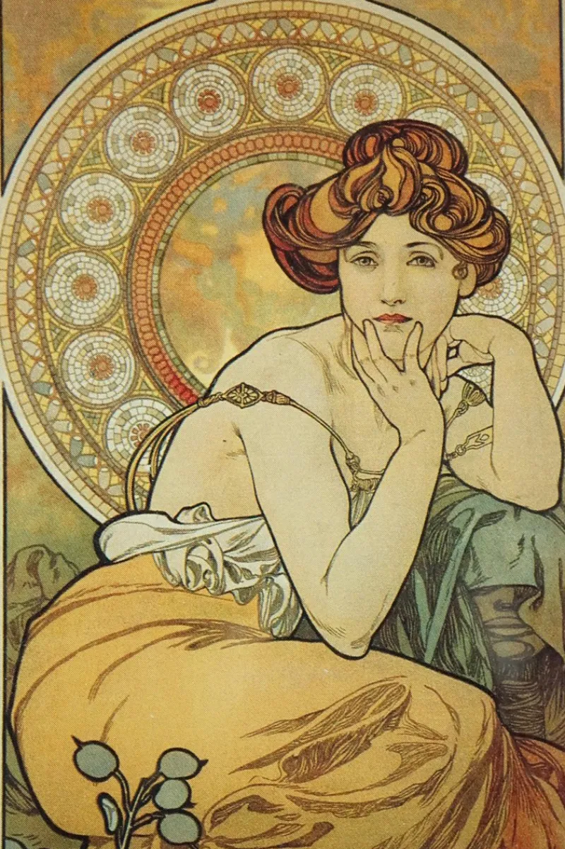 Pamono Alfons Maria Alphonse Mucha, 1920s, Glass & Paper, Set of 4> Art Nouveau