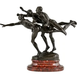 Pamono Alfred Boucher, Au But Sculpture of 3 Nude Runners, 1890, Bronze on Marble Base
