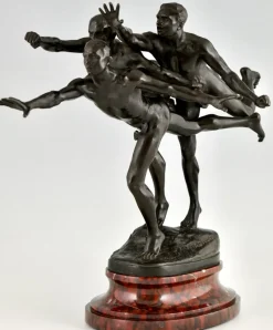 Pamono Alfred Boucher, Au But Sculpture of 3 Nude Runners, 1890, Bronze on Marble Base