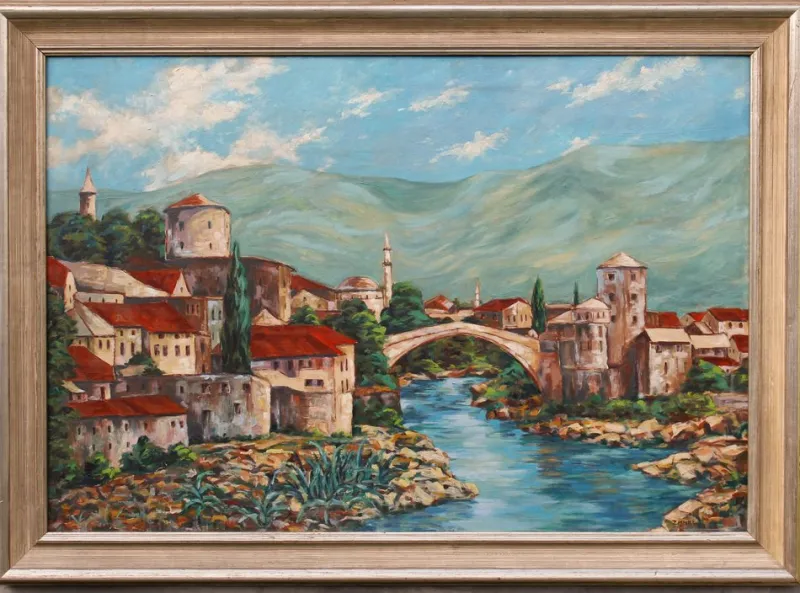 Pamono Alfred Zährl, Mostar in Bosnia, 1940s, Large Oil on Board> Classical