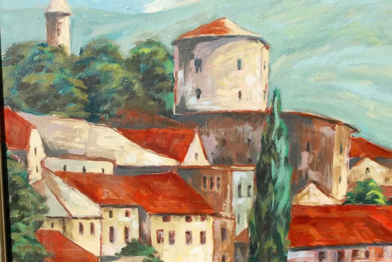 Pamono Alfred Zährl, Mostar in Bosnia, 1940s, Large Oil on Board> Classical