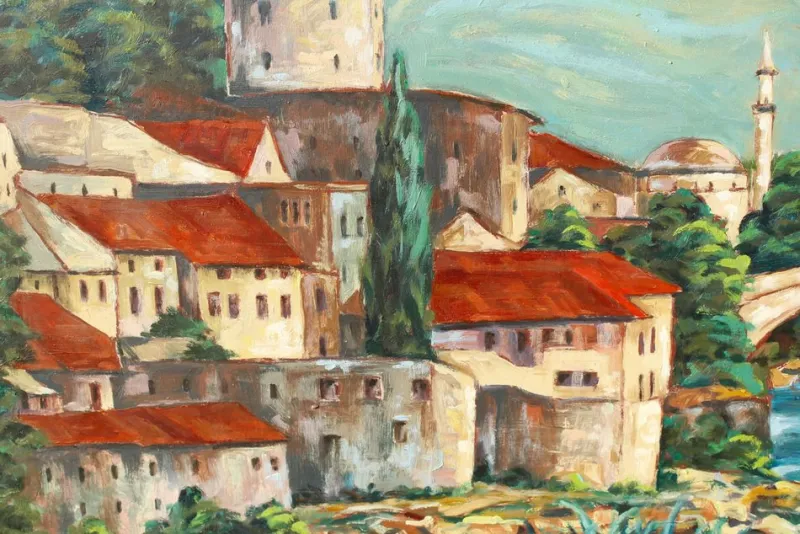 Pamono Alfred Zährl, Mostar in Bosnia, 1940s, Large Oil on Board> Classical