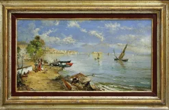 New Pamono Allegretti Mario Rosario, Melancholic Landscape with Marine Scene of Naples, 1980s, Oil on Wood, Framed