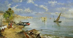 New Pamono Allegretti Mario Rosario, Melancholic Landscape with Marine Scene of Naples, 1980s, Oil on Wood, Framed