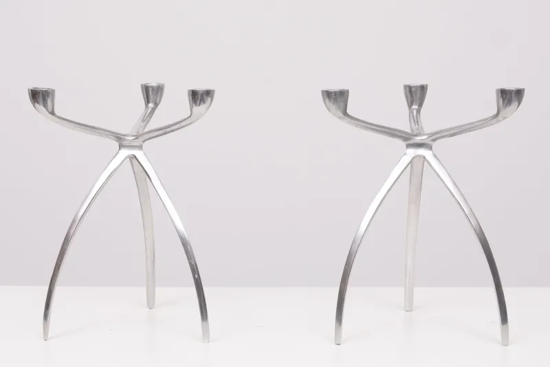 Pamono Aluminum 3 Arms Spider Candleholders from De Bijenkorf, 1970s, Set of 2> Candleholders
