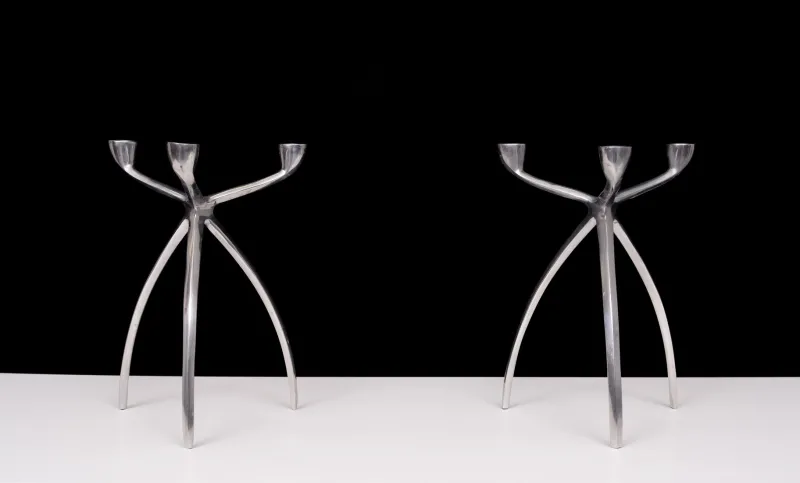 Pamono Aluminum 3 Arms Spider Candleholders from De Bijenkorf, 1970s, Set of 2> Candleholders