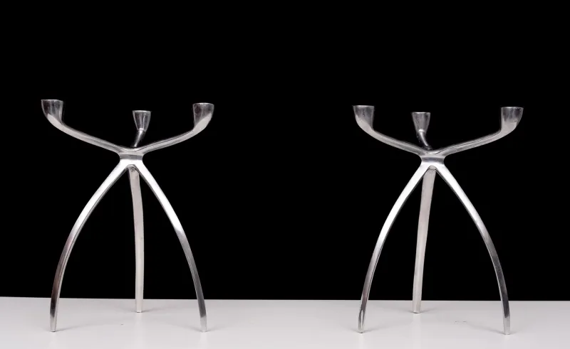 Pamono Aluminum 3 Arms Spider Candleholders from De Bijenkorf, 1970s, Set of 2> Candleholders