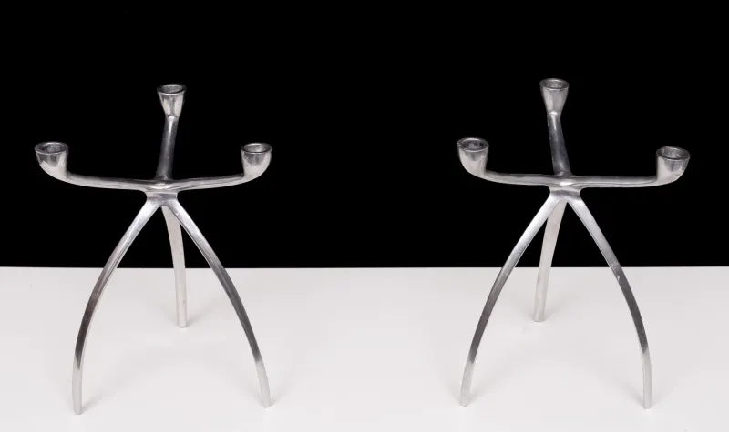 Pamono Aluminum 3 Arms Spider Candleholders from De Bijenkorf, 1970s, Set of 2> Candleholders