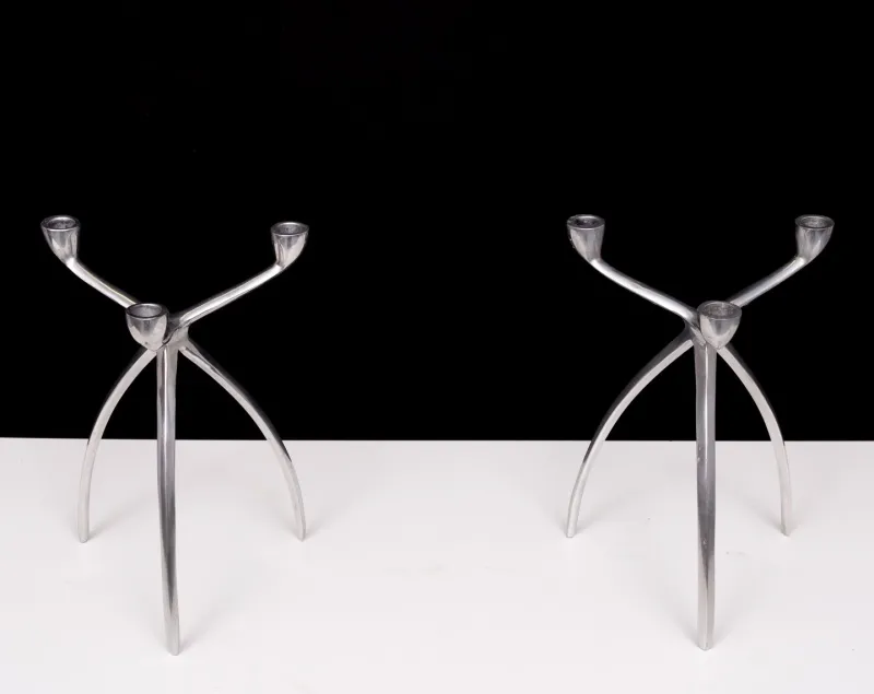 Pamono Aluminum 3 Arms Spider Candleholders from De Bijenkorf, 1970s, Set of 2> Candleholders