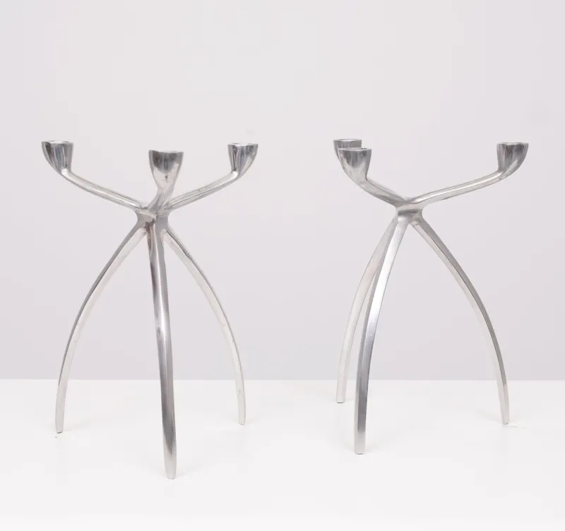Pamono Aluminum 3 Arms Spider Candleholders from De Bijenkorf, 1970s, Set of 2> Candleholders