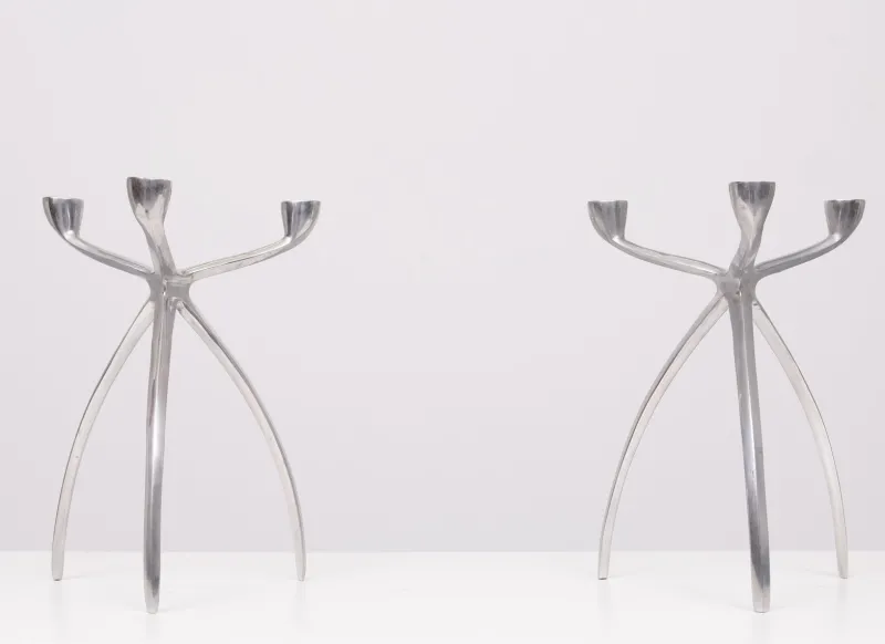 Pamono Aluminum 3 Arms Spider Candleholders from De Bijenkorf, 1970s, Set of 2> Candleholders
