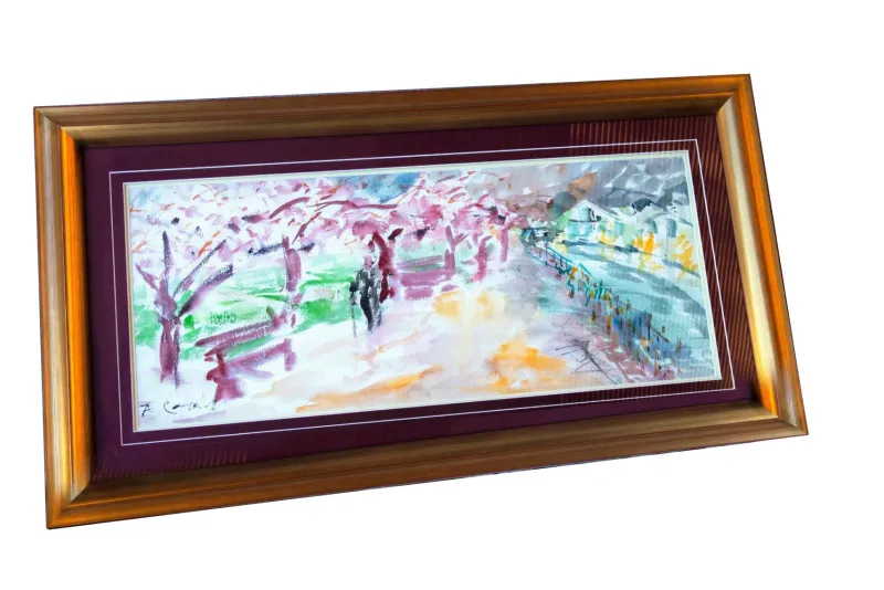 Pamono Amadeu Casals, Landscape with Figure, Watercolor on Paper, Framed> Mid-Century