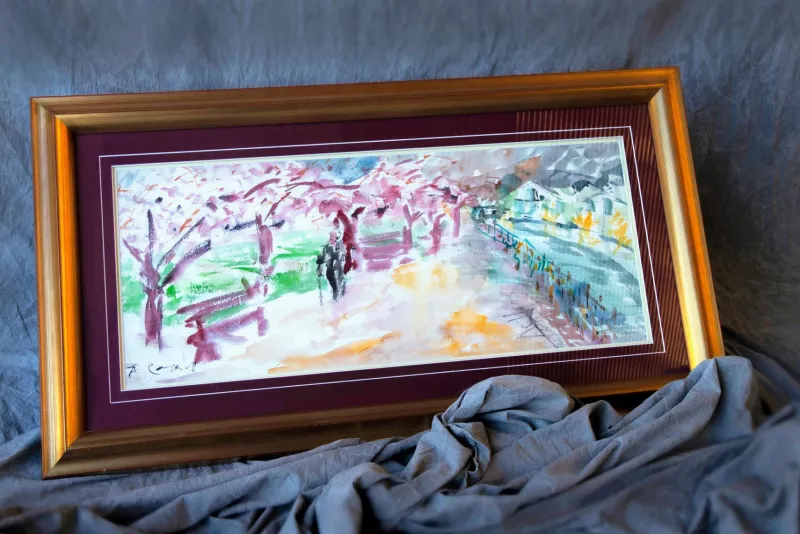 Pamono Amadeu Casals, Landscape with Figure, Watercolor on Paper, Framed> Mid-Century