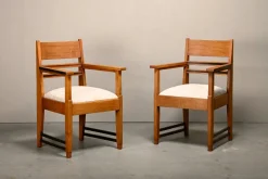 Pamono Amsterdam School Art Deco Armchairs in Oak and Almond Fabric, 1930s, Set of 2><noscript><img width=