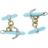 Clearance Pamono Anchor-Shaped Cufflinks in White and Yellow Gold with Diamonds and Turquoises, Set of 2