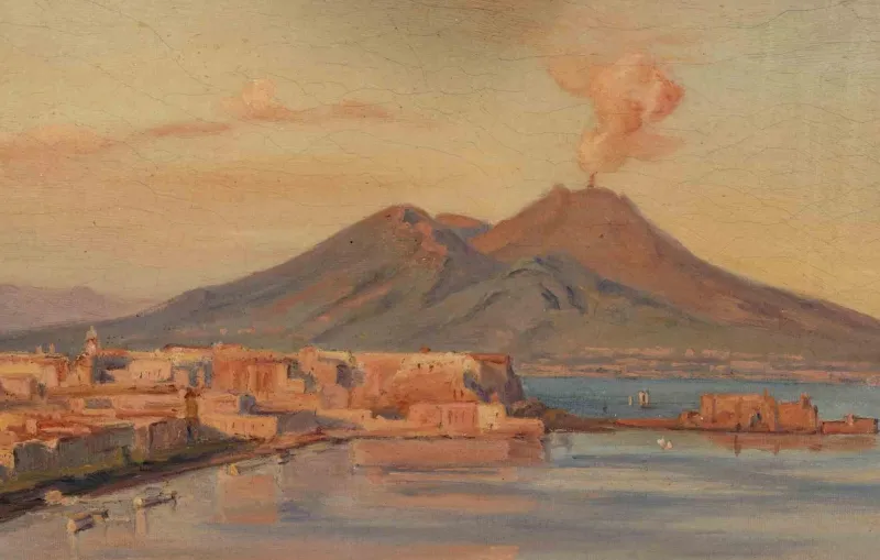 Discount Pamono Ancient View of the Bay of Naples, Original Oil Painting, 19th-Century