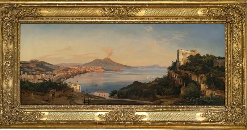 Discount Pamono Ancient View of the Bay of Naples, Original Oil Painting, 19th-Century