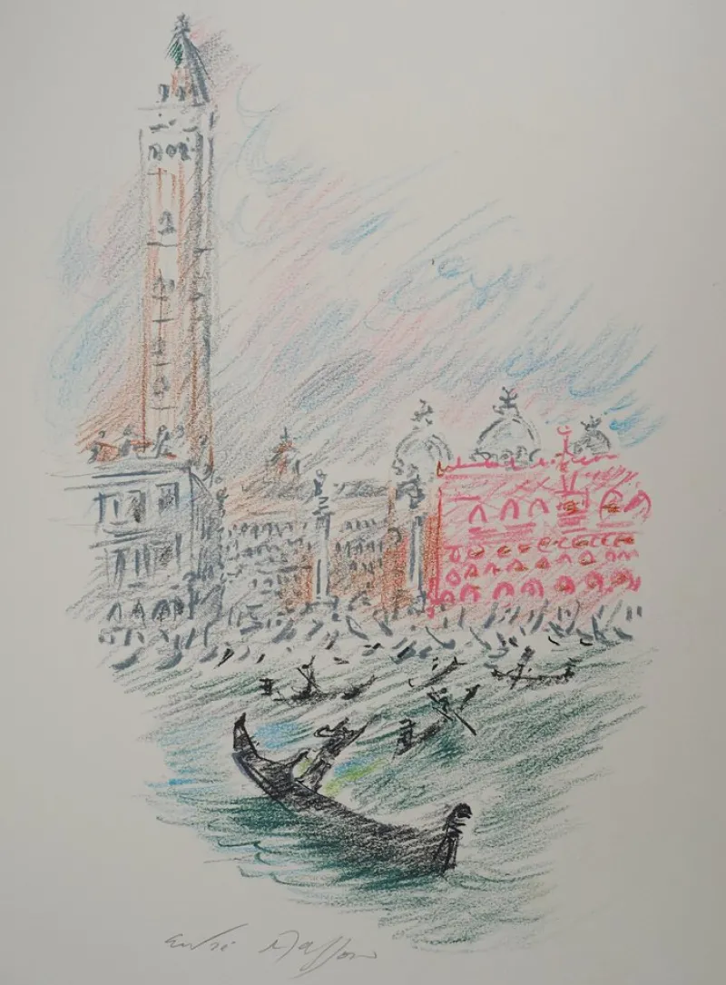 Hot Pamono André Masson, Venice, Gondolas and Saint Mark, Original Signed Pastel