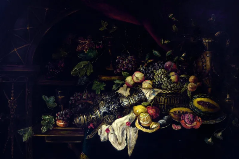 Pamono Andrea Marinell, Large Still Life with Fruits, Oil on Canvas, 1980s, Framed> Classical