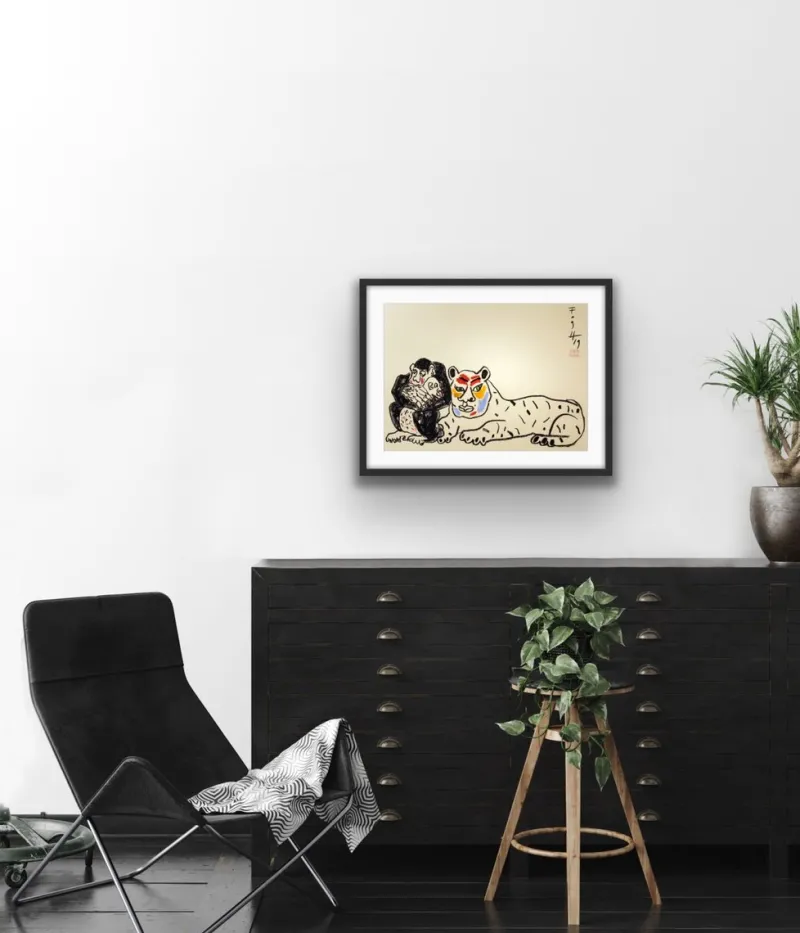 Sale Pamono Andrzej Fogtt, Monkey with a Baby and a Tiger, 2019, Pastel & Paper