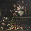 Pamono Angelo Maria Rossi, Still Life with Vase of Flowers, Game, Mushrooms and Vegetables, 1600s, Oil on Canvas, Framed> Old Masters