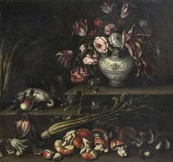 Pamono Angelo Maria Rossi, Still Life with Vase of Flowers, Game, Mushrooms and Vegetables, 1600s, Oil on Canvas, Framed> Old Masters