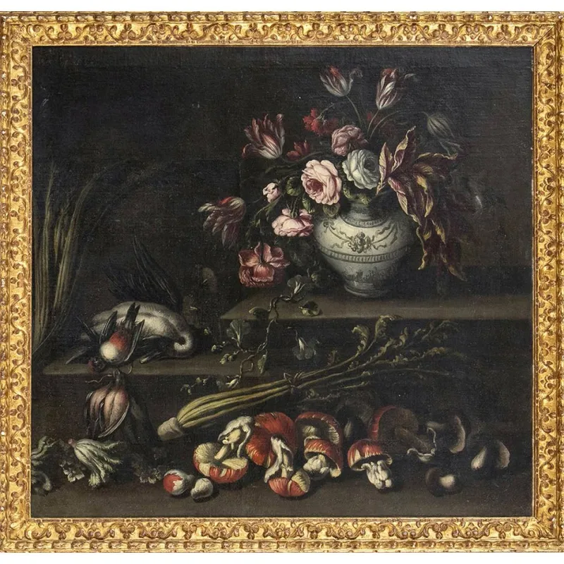 Pamono Angelo Maria Rossi, Still Life with Vase of Flowers, Game, Mushrooms and Vegetables, 1600s, Oil on Canvas, Framed> Old Masters