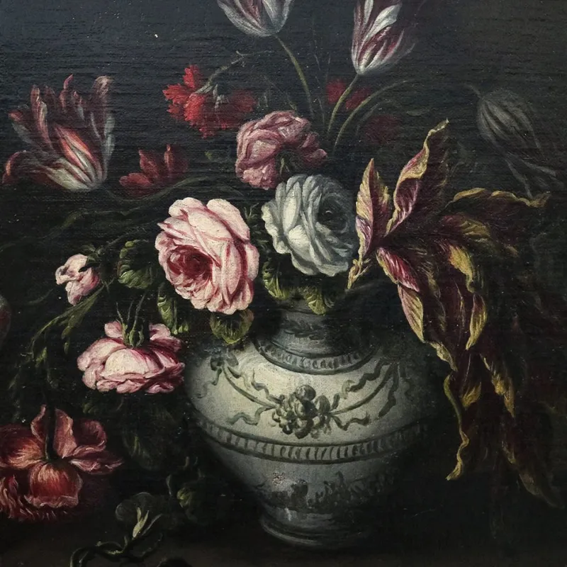 Pamono Angelo Maria Rossi, Still Life with Vase of Flowers, Game, Mushrooms and Vegetables, 1600s, Oil on Canvas, Framed> Old Masters