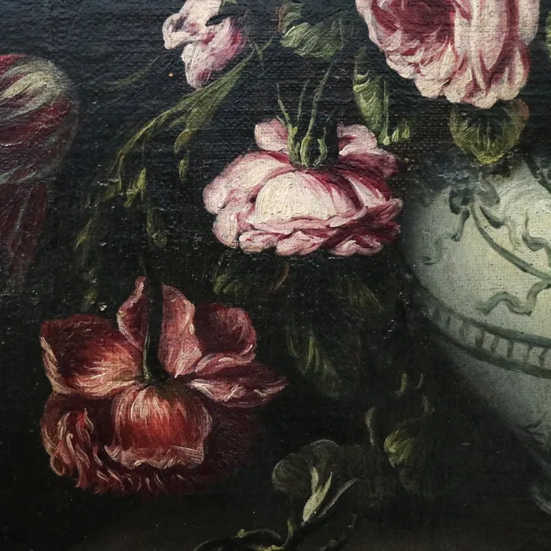 Pamono Angelo Maria Rossi, Still Life with Vase of Flowers, Game, Mushrooms and Vegetables, 1600s, Oil on Canvas, Framed> Old Masters