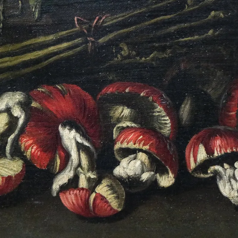 Pamono Angelo Maria Rossi, Still Life with Vase of Flowers, Game, Mushrooms and Vegetables, 1600s, Oil on Canvas, Framed> Old Masters