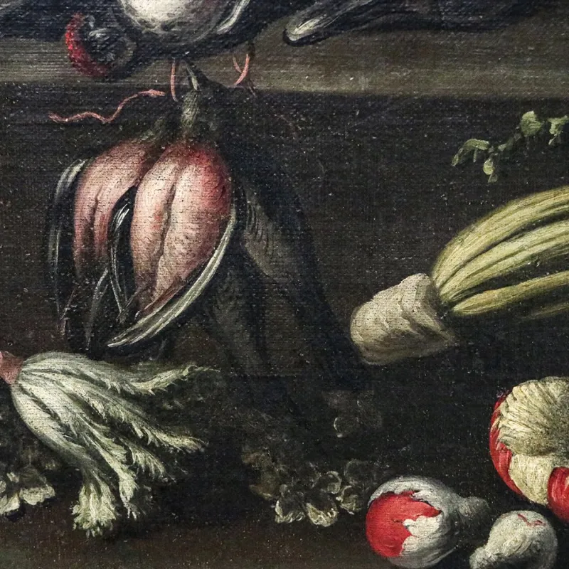 Pamono Angelo Maria Rossi, Still Life with Vase of Flowers, Game, Mushrooms and Vegetables, 1600s, Oil on Canvas, Framed> Old Masters
