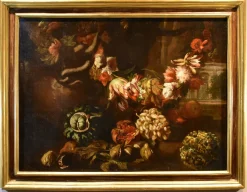 Pamono Aniello Ascione, Still Life with Flowers & Fruit, 1690, Oil on Canvas, Framed> Old Masters