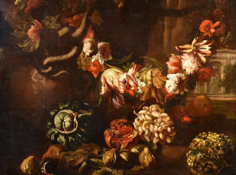 Pamono Aniello Ascione, Still Life with Flowers & Fruit, 1690, Oil on Canvas, Framed> Old Masters