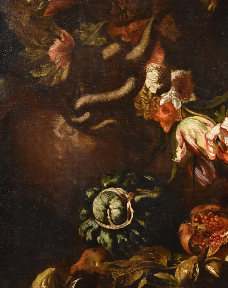 Pamono Aniello Ascione, Still Life with Flowers & Fruit, 1690, Oil on Canvas, Framed> Old Masters