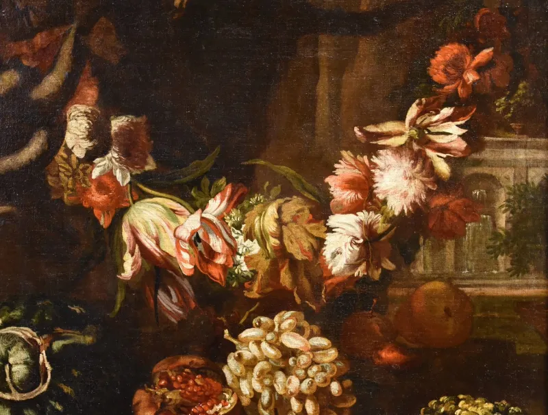 Pamono Aniello Ascione, Still Life with Flowers & Fruit, 1690, Oil on Canvas, Framed> Old Masters