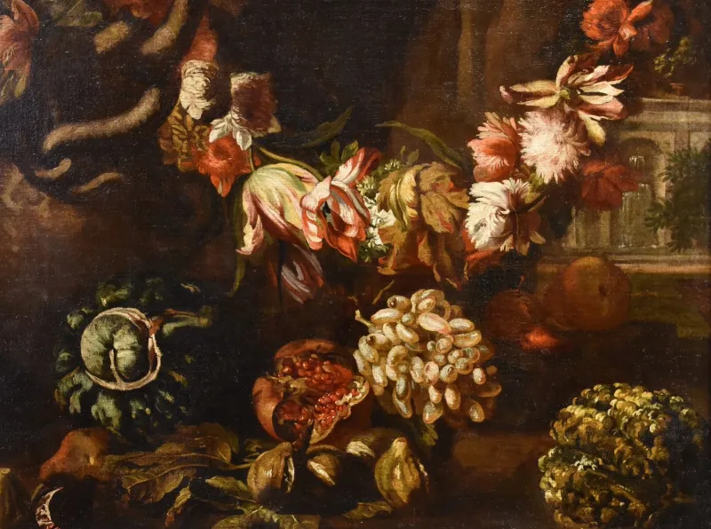 Pamono Aniello Ascione, Still Life with Flowers & Fruit, 1690, Oil on Canvas, Framed> Old Masters