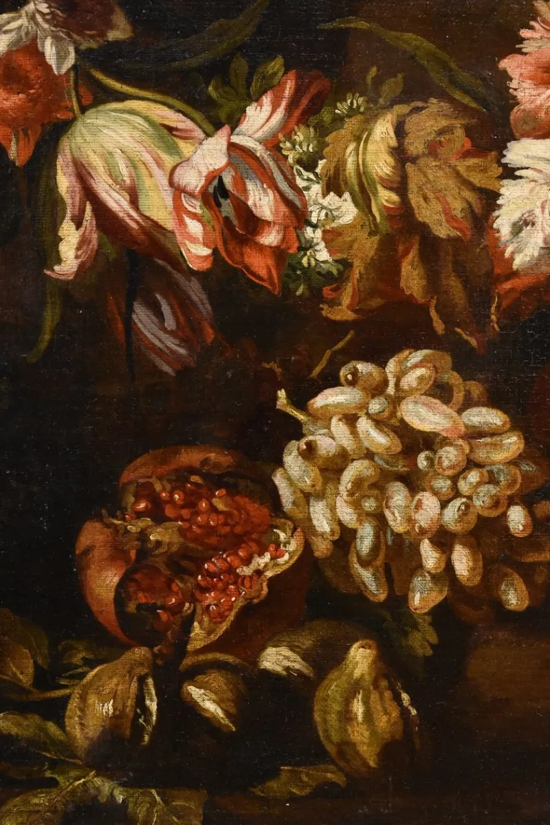 Pamono Aniello Ascione, Still Life with Flowers & Fruit, 1690, Oil on Canvas, Framed> Old Masters