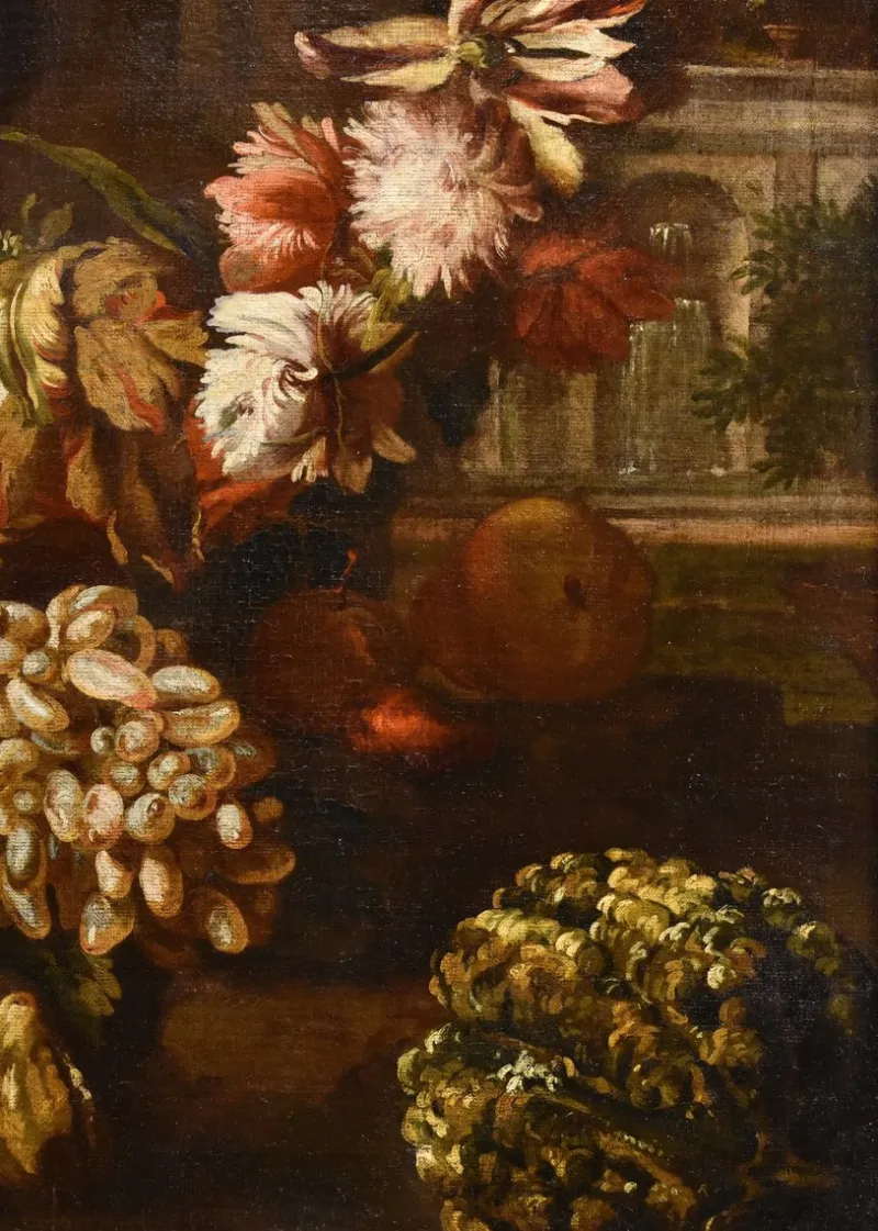 Pamono Aniello Ascione, Still Life with Flowers & Fruit, 1690, Oil on Canvas, Framed> Old Masters