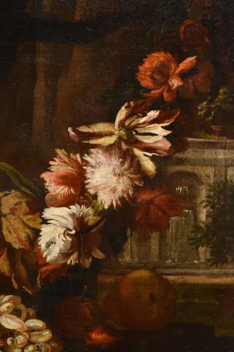 Pamono Aniello Ascione, Still Life with Flowers & Fruit, 1690, Oil on Canvas, Framed> Old Masters