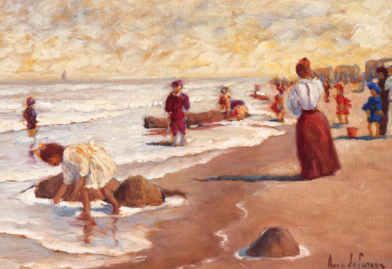 Clearance Pamono Anne de Seager, Beach Scene, Oil on Panel, 20th Century, Framed