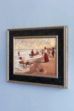 Clearance Pamono Anne de Seager, Beach Scene, Oil on Panel, 20th Century, Framed