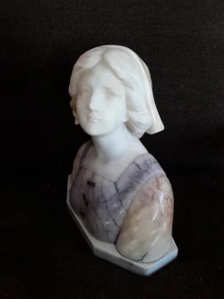 Pamono Antique Alabaster, Soapstone and Bronze Bust of Maiden on White Marble Base by Gustave van Vaerenbergh> Art Nouveau