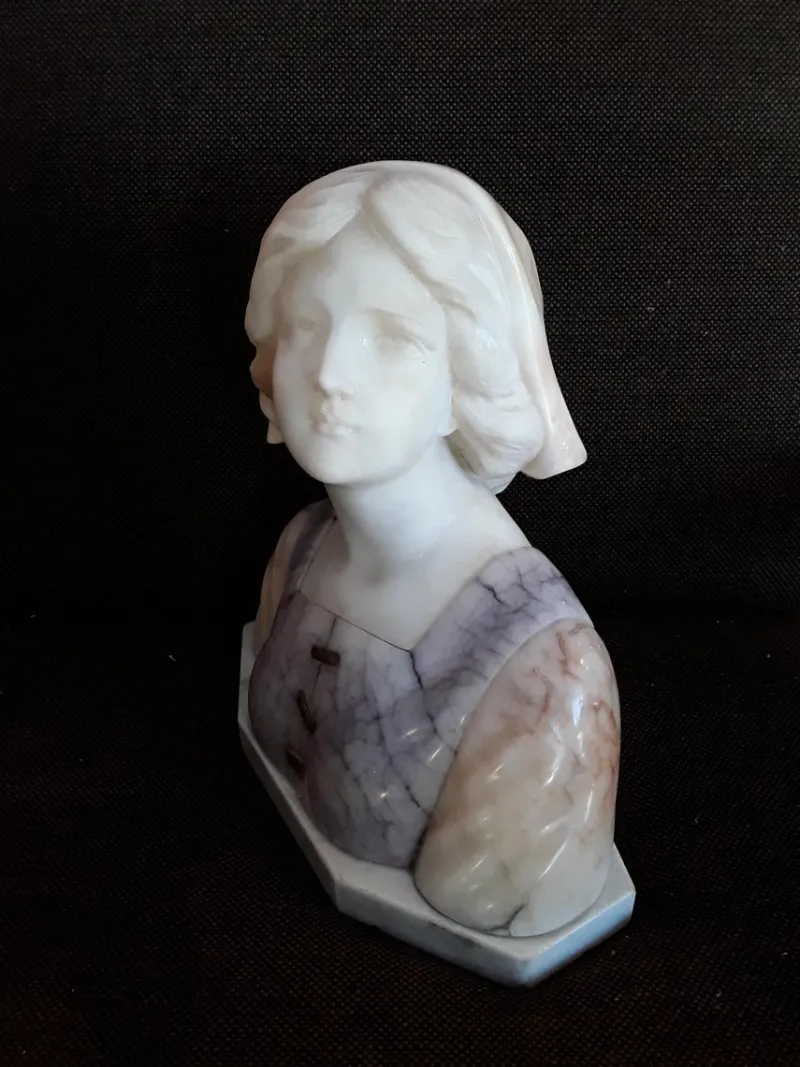 Pamono Antique Alabaster, Soapstone and Bronze Bust of Maiden on White Marble Base by Gustave van Vaerenbergh> Art Nouveau