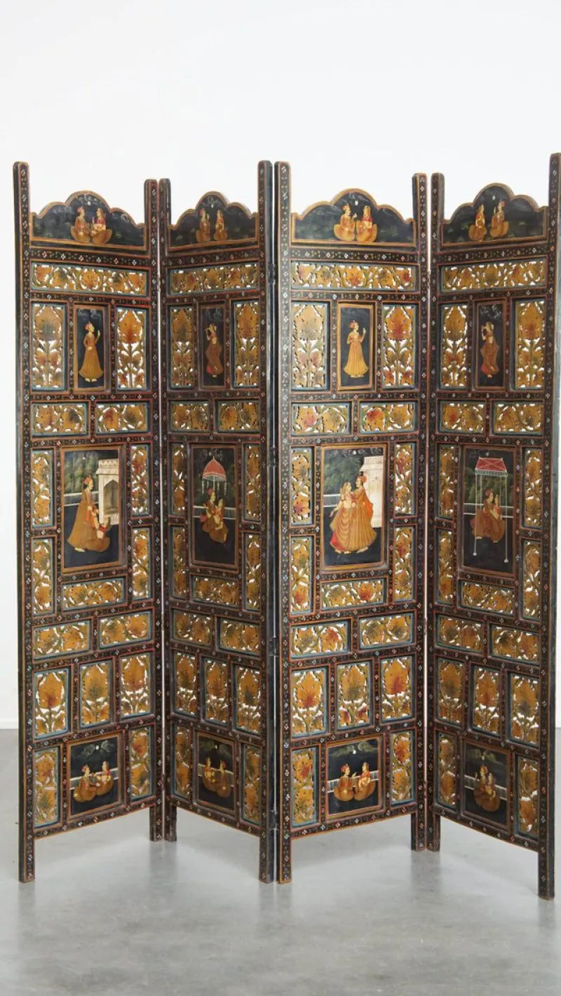 Pamono Antique Anglo-Indian Hand-Painted Wooden Room Divider, 1800s> Room Dividers & Screens