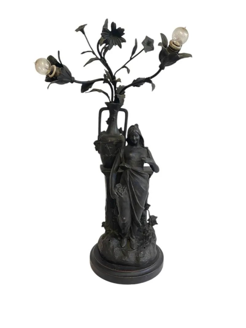 Pamono Antique Antimony Table Lamp with Female Figure, Early 20th Century> Table Lamps