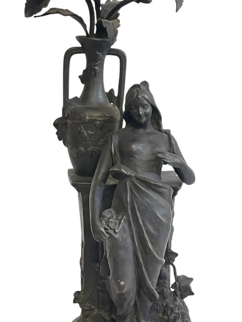 Pamono Antique Antimony Table Lamp with Female Figure, Early 20th Century> Table Lamps