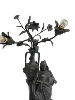Pamono Antique Antimony Table Lamp with Female Figure, Early 20th Century><noscript><img width=