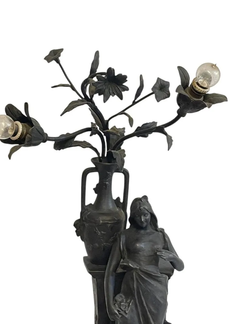 Pamono Antique Antimony Table Lamp with Female Figure, Early 20th Century> Table Lamps