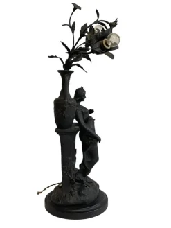 Pamono Antique Antimony Table Lamp with Female Figure, Early 20th Century><noscript><img width=