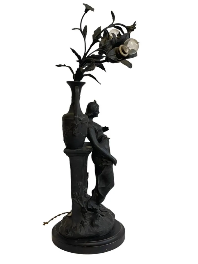 Pamono Antique Antimony Table Lamp with Female Figure, Early 20th Century> Table Lamps